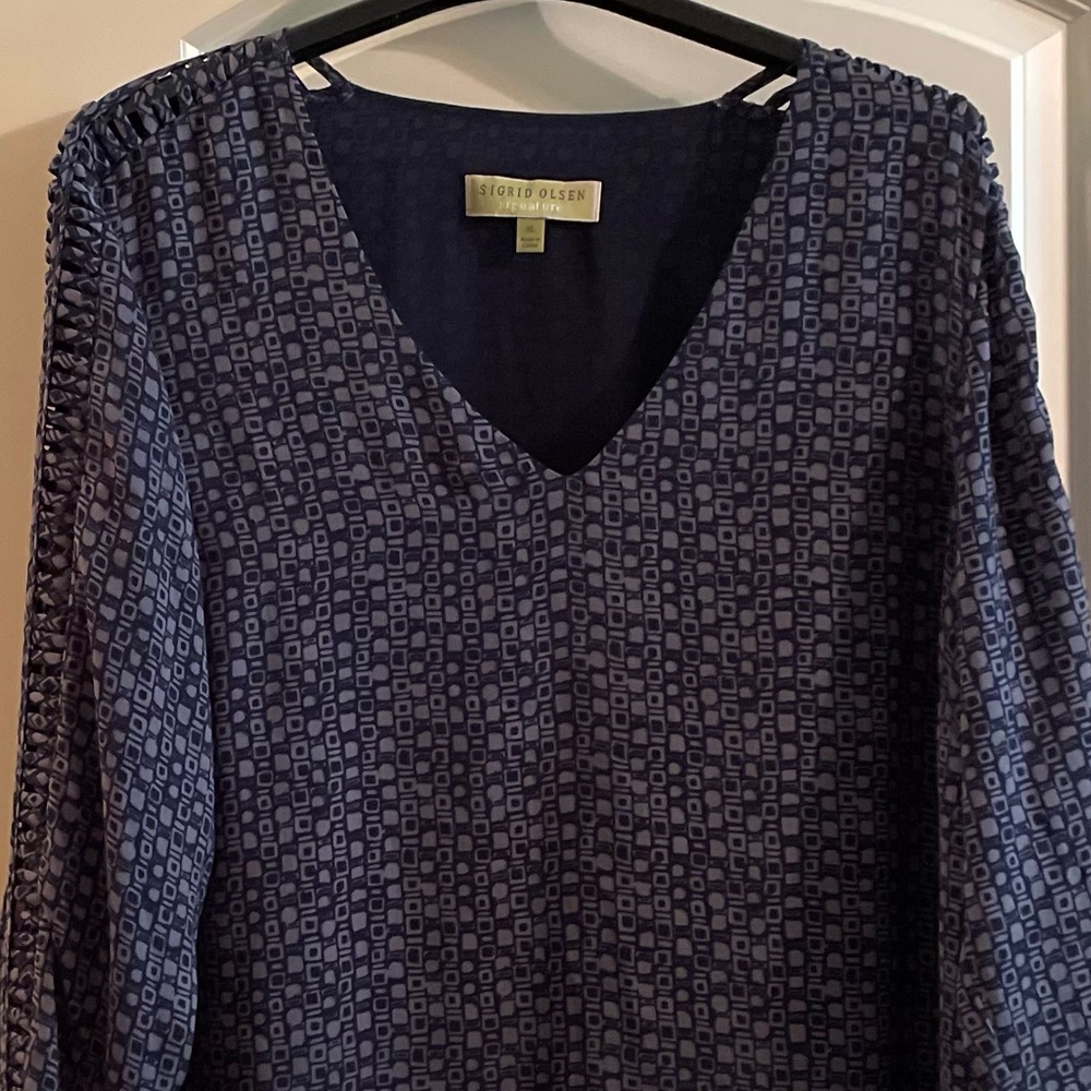 ๐ฉถSIGRID OLSEN SIGNATURE Boutique Dress Blue on Blue long open cut sleeves SZ XL - Picture 10 of 13
